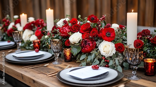 Festive table setting with red and white flowers