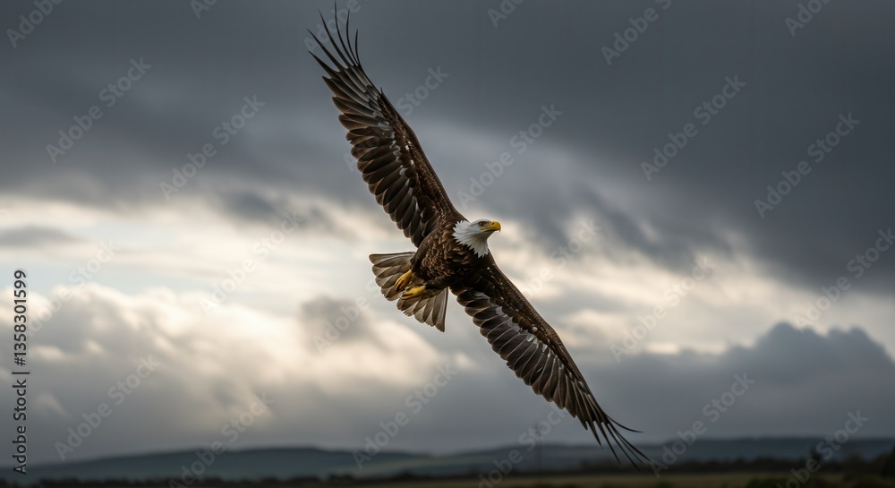 Fototapeta premium Majestic Bald Eagle in Flight Against a Dramatic Cloudy Sky