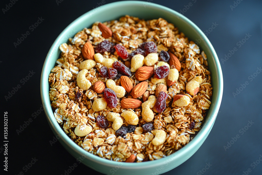 Healthy granola bowl with nuts and dried fruits prepared for a nutritious breakfast Healthy granola bowl with nuts and dried fruits prepared for a nutritious breakfast