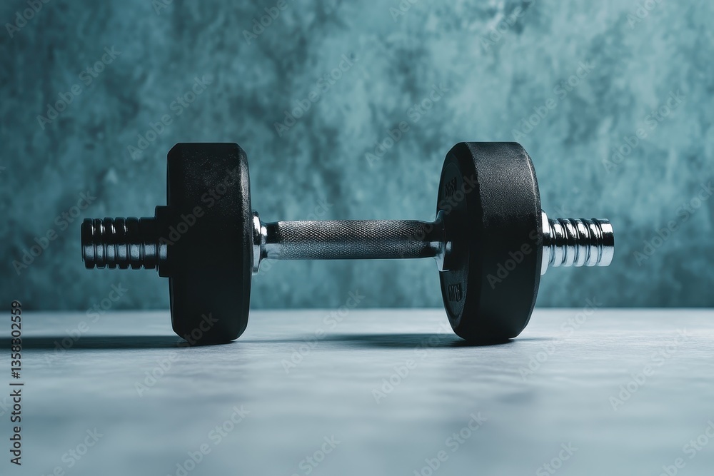 Naklejka premium Black Dumbbell on a Smooth Surface With Textured Background for Fitness and Exercise Themes