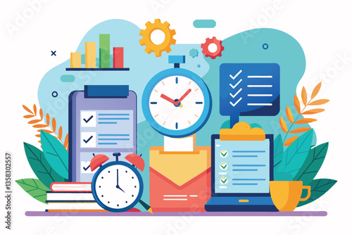 A colorful workspace showcases various tools for managing time and organizing tasks efficiently, Work deadline, time management concept