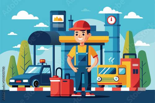 A cheerful worker in overalls stands outside a gas station with cars around, showcasing his friendly demeanor, Worker at gas station concept,