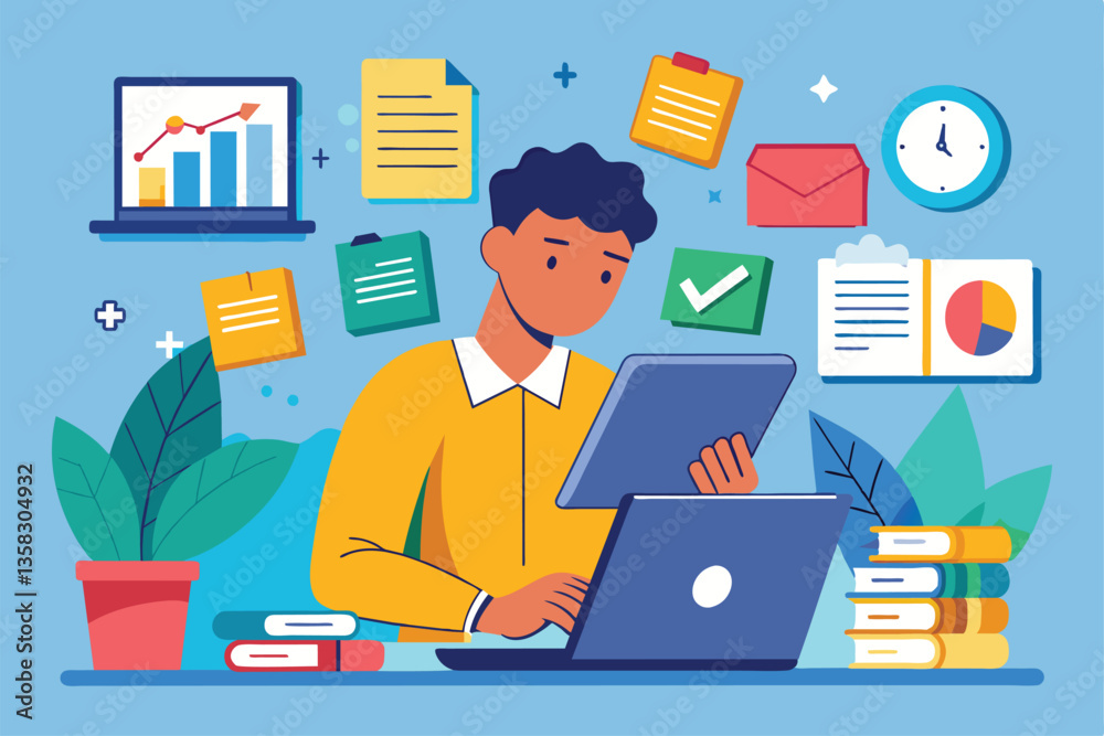 A worker efficiently organizes documents and data while using a tablet and laptop in a colorful office, Worker organizing documents and data via laptop A worker efficiently organizes documents and data while using a tablet and laptop in a colorful office, Worker organizing documents and data via laptop