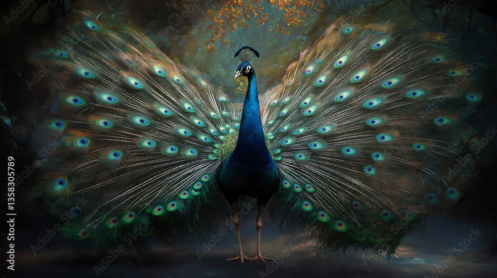 Obraz premium Courtship Dance: Depict the mesmerizing courtship dance of a peacock, detailing the graceful movements and the spectacular display of its tail feathers, along with the underlying symbolism of this per