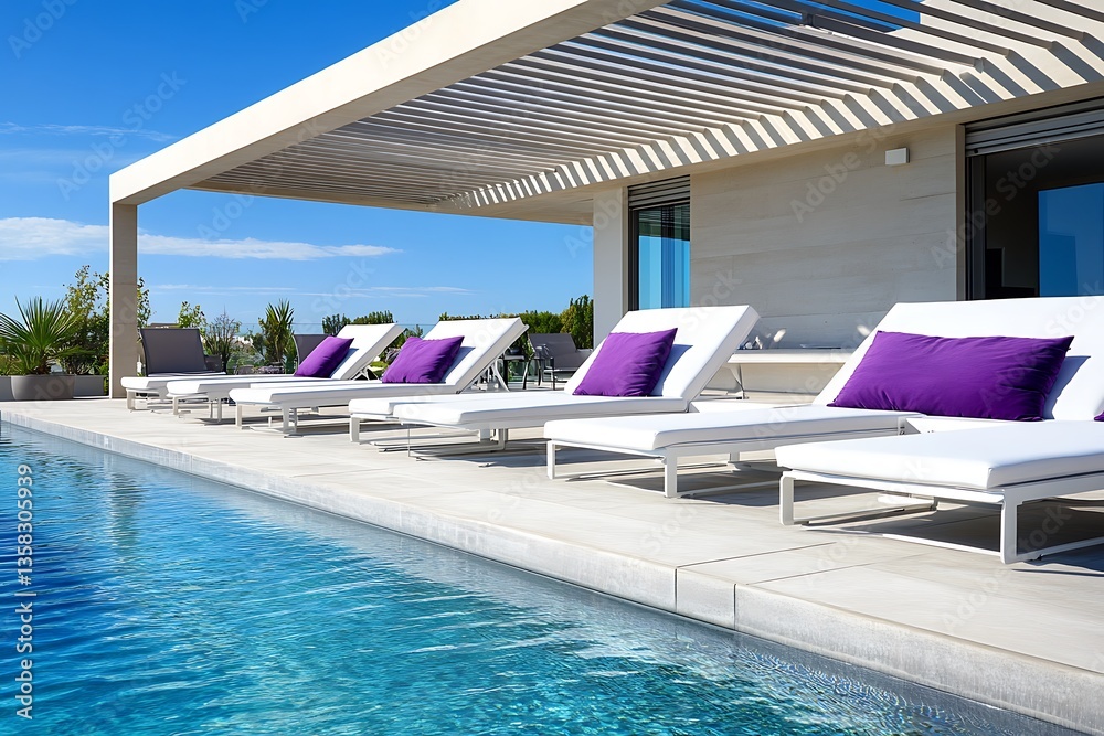 Fototapeta premium Minimalist pool deck featuring white loungers with purple pillows under a modern pergola.