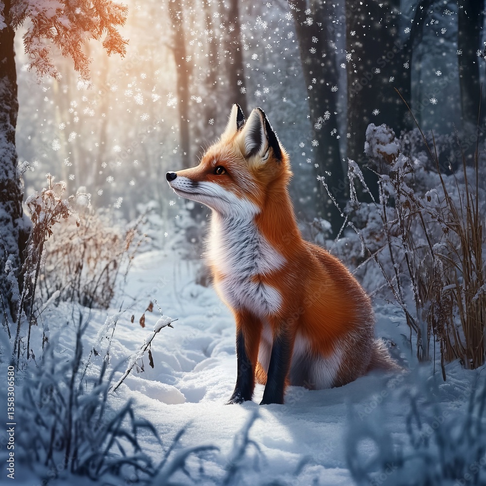 Animals Fox Scene Falling Snowy Forest Curious Style Animals Fox Scene Falling Snowy Forest Curious Style