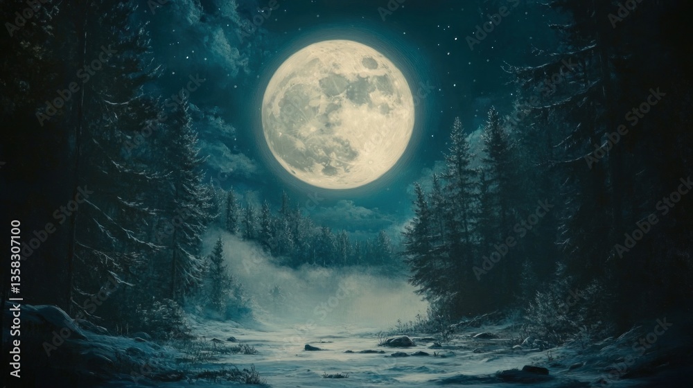 Fototapeta premium Snowy moonlit forest at night (1)