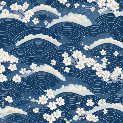 Traditional Japanese wave pattern with cherry blossoms in soft indigo shades for elegant decor Generative AI