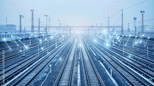 Train tracks with digital network overlay, futuristic visualization of data and transportation