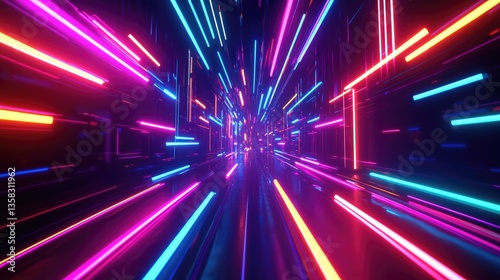 Futuristic Neon Light Tunnel with Colorful Glowing Lines and Dynamic Blur Effect for Modern Digital Backgrounds