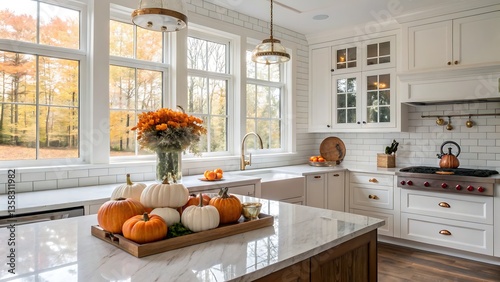 Fototapeta Naklejka Na Ścianę i Meble -  Bright kitchen with pumpkins and flowers on island and view of autumn trees through large windows