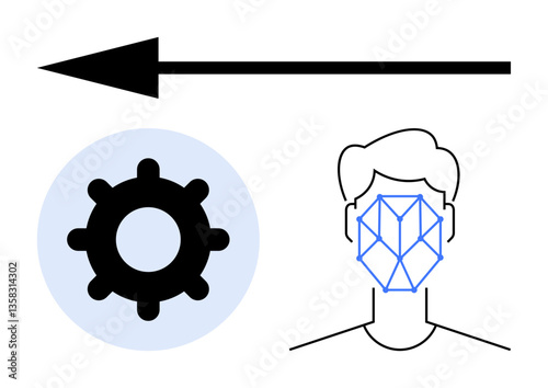 Gear symbol, arrow, human face with geometric framework showcasing facial recognition technology. Ideal for biometrics, AI, data analysis, cyber security, innovation, automation and privacy themes