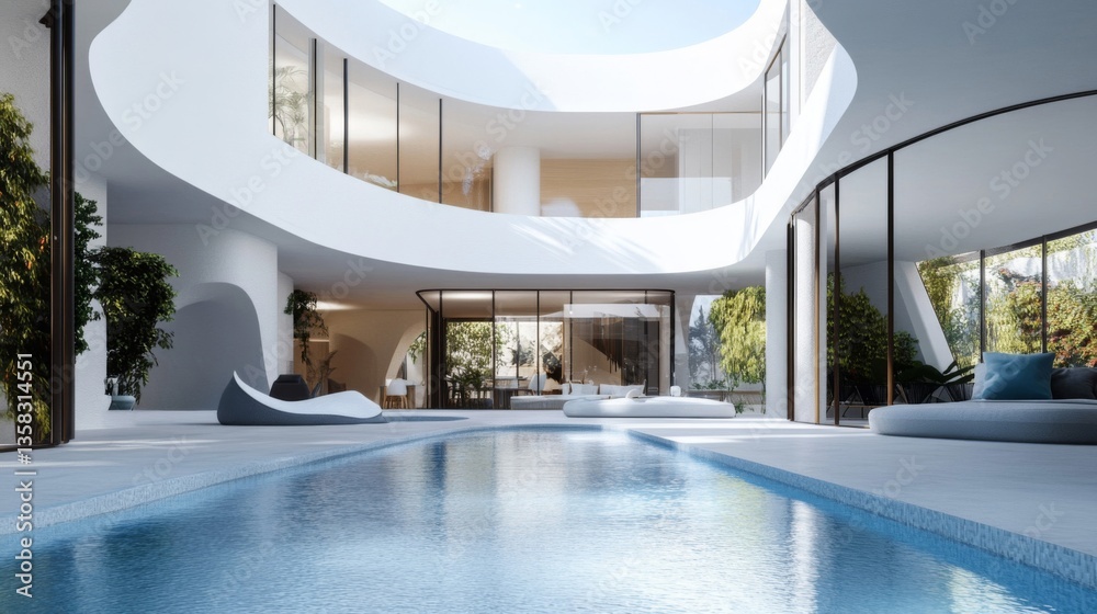 Fototapeta premium Modern White Curved Architecture with Pool and Courtyard