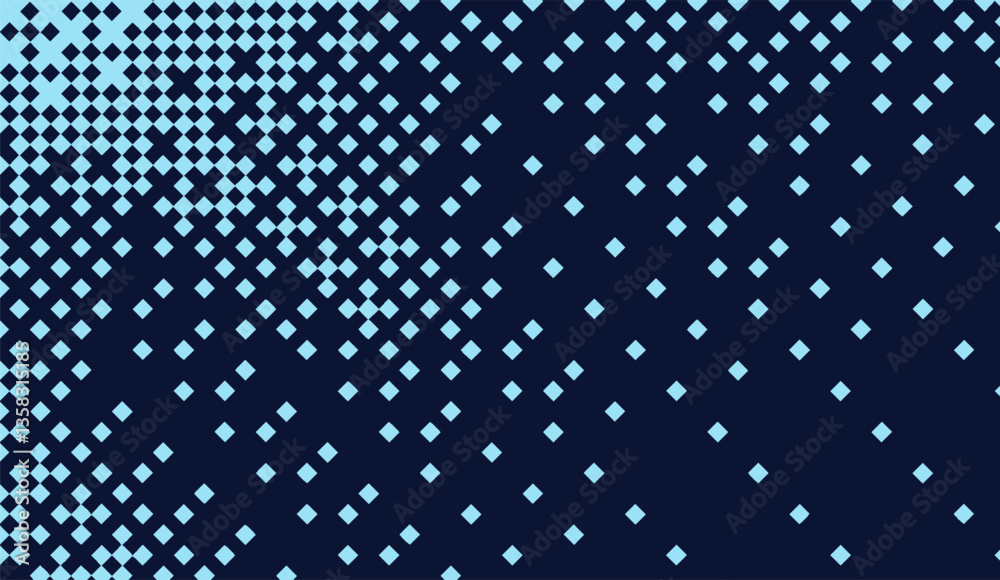 Delicate Descent: A gradient field of tiny squares unfurls across a deep indigo canvas, creating a sense of ethereal pixelated dispersion and subtle digital diffusion