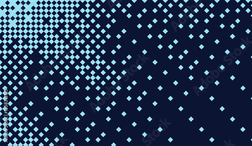 Delicate Descent: A gradient field of tiny squares unfurls across a deep indigo canvas, creating a sense of ethereal pixelated dispersion and subtle digital diffusion