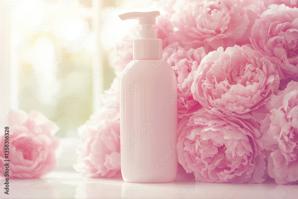 Pink Peony Lotion Spring Skincare with Soft Focus. Pink Peony Lotion Spring Skincare with Soft Focus.