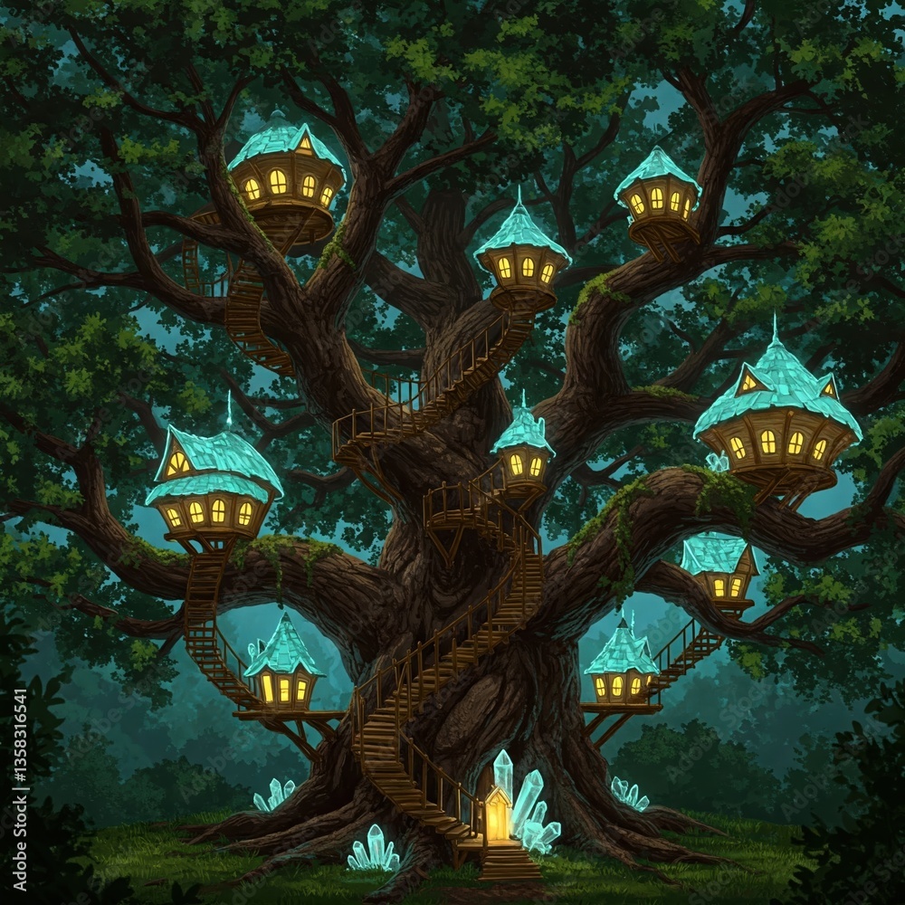 Fototapeta premium Ancient Tree with Spiral Staircases and Glowing Treehouse Villages, Fantasy Forest Landscape 4K HD High-Quality Image Wallpaper Background