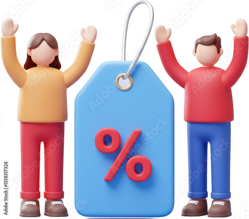 Happy cartoon characters celebrating big sale discount offer percentage sign on price tag