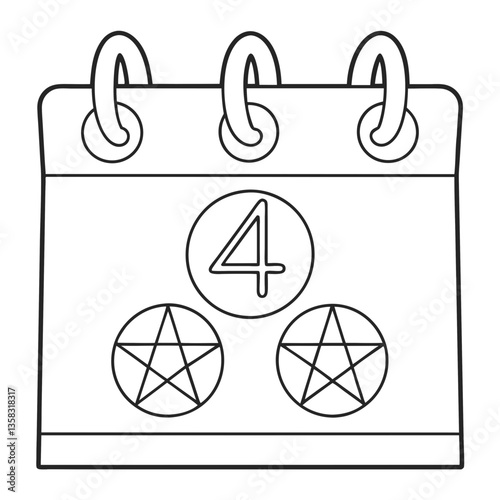 A mysterious calendar page marking the 4th, adorned with pentagrams, hinting at a hidden ritual or significant occult date, in simple black line art.