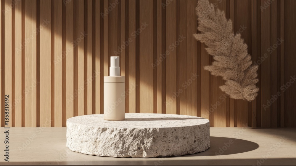 Obraz premium Beige Cosmetic Spray Bottle on Stone Display
