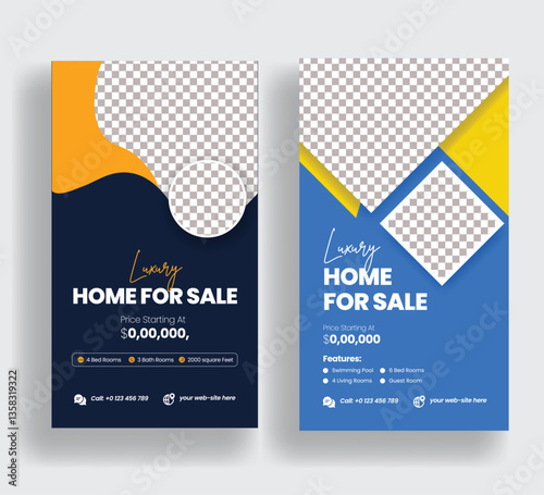 Real estate editable social media stories set, vertical post banneror web banner advertising template, Real estate roll up banner or signage banner template bundle