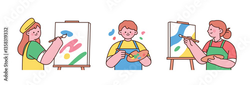 Cute kids painting on canvas with colorful brush strokes. Flat vector illustration of children doing art activities.
