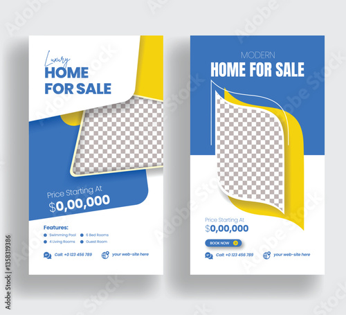 Real estate editable social media stories set, vertical post banneror web banner advertising template, Real estate roll up banner or signage banner template bundle