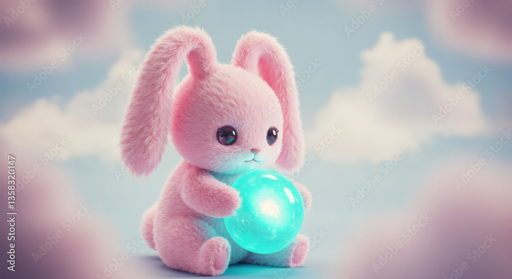 Fototapeta premium Whimsical Pastel Bunny with Turquoise Orb, Dreamy, Fluffy, Fantasy Scene