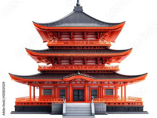 Illustration of Red Japanese Pagoda with Traditional Architecture