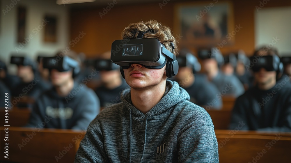 A virtual reality headset being used for history class. A virtual reality headset being used for history class.
