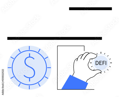 Hand holding DeFi coin beside large dollar symbol against minimalist elements. Ideal for finance, blockchain, investment, cryptocurrency, fintech, decentralization, modern banking. Flat simple