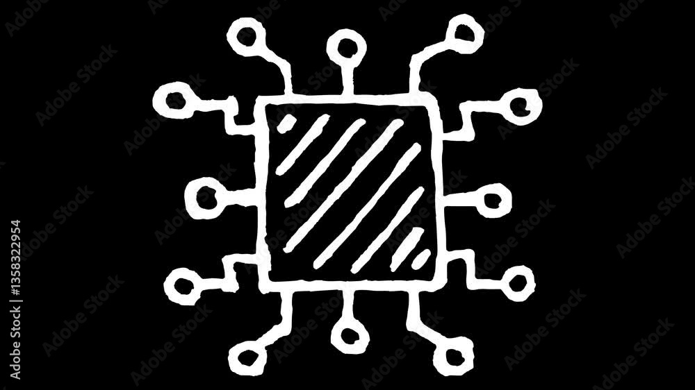 White wiggly hand drawn computer microchip icon on alpha 4