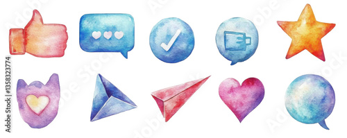Social media icons including heart, star, thumbs up and notification bell in watercolor illustration set. Symbols with soft pastel shades for digital communication isolated on transparent background.
