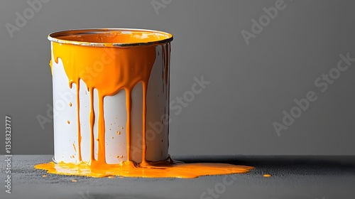 Metal paint can drips bright orange paint down white sides, glossy spills splatter on gray background, fresh wet texture highlights minimalist home renovation theme in studio lighting. photo