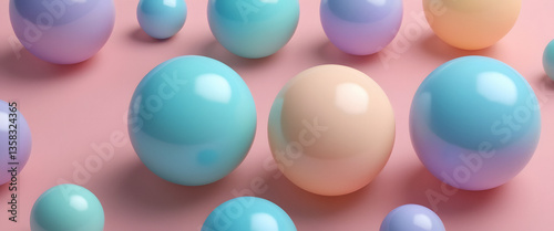 Pastel Spheres on Pink Background: Abstract 3D Render of Colorful Glossy Balls