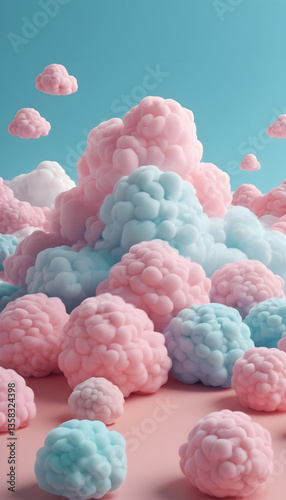 Pastel Pink and Blue Fluffy Cloudscape: A Dreamy 3D Render
