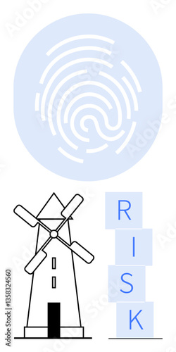 Fingerprint circle, minimal windmill, and stacked RISK letters highlight security, renewable energy, risk management. Ideal for strategies, sustainability, innovation, identity verification