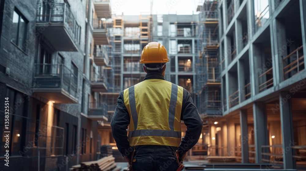 Construction worker overlooks building site with multiple floors visible Construction worker overlooks building site with multiple floors visible