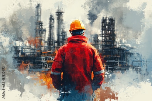 Industrial worker wearing hard hat faces factory abstract painting