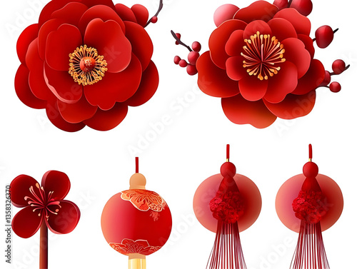 Isolated Red Cherry Blossom and Lanterns Floral Illustration Isolated