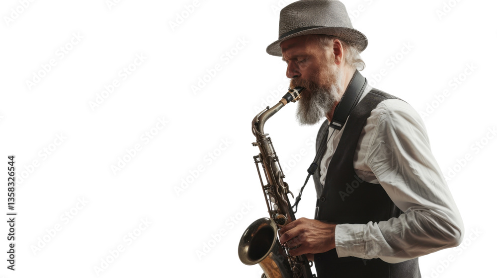 Fototapeta premium Senior jazz musician playing saxophone on transparent background