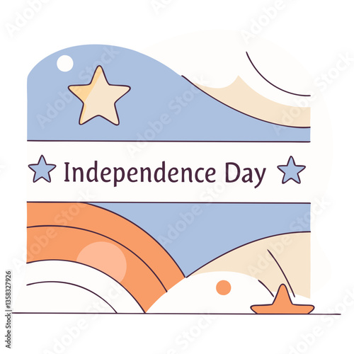 A cheerful Independence Day celebration depicted with a pastel rainbow and stars, in a minimalist and playful design style.