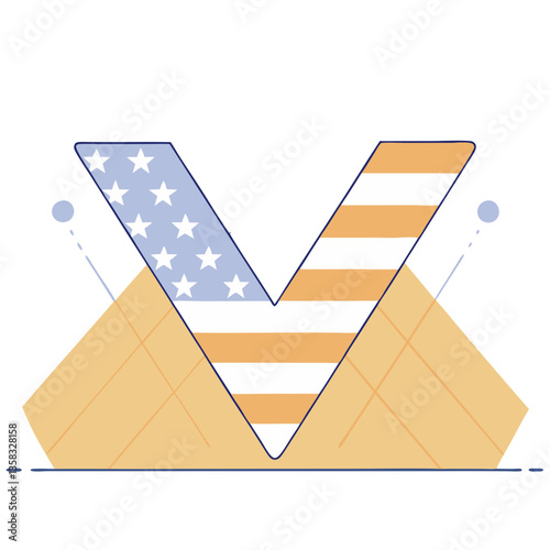 A patriotic 'V' for victory, formed by an American flag, stands tall between two supporting structures in a minimalist, symbolic design.