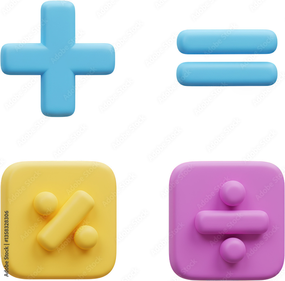 Fototapeta premium Colorful 3D Rendered Math Symbols Plus Equals Percentage and Division Signs