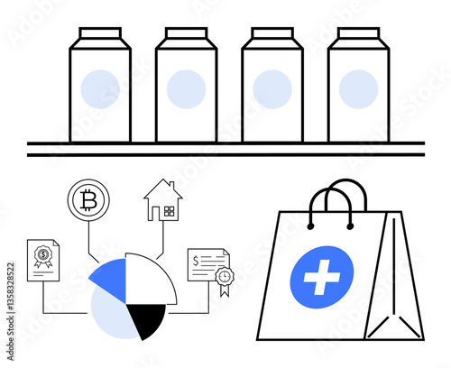 Medicine bottles on a shelf, pie chart with financial icons, and a shopping bag with a healthcare symbol. Ideal for healthcare, pharmacy, medicine, finance, data analytics e-commerce shopping. Flat