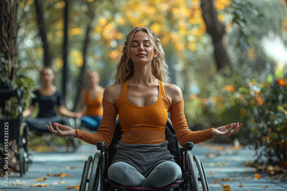 Φωτογραφία Woman in wheelchair participating actively in outdoor yoga class, flexibility shown not just physically but mentally