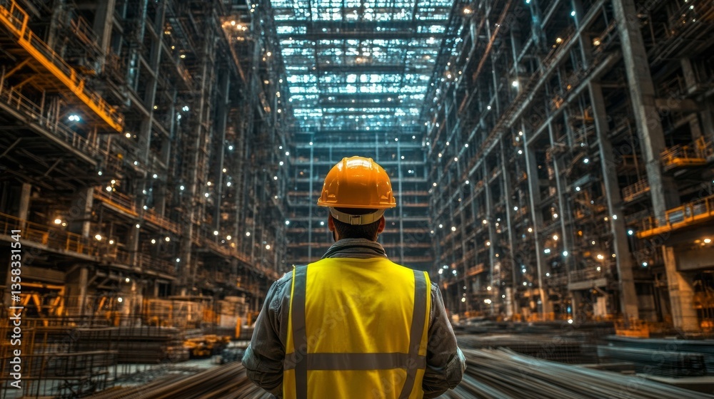 Construction worker gazes at expansive metal framework structure Construction worker gazes at expansive metal framework structure