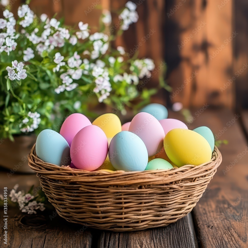 Easter eggs in a basket on wood table Easter eggs in a basket on wood table