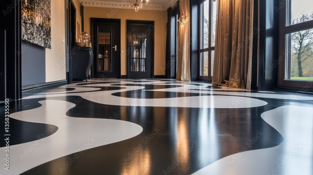 Fototapeta premium Elegant black and white flooring design luxurious interior space photography contemporary style wide angle modern aesthetic