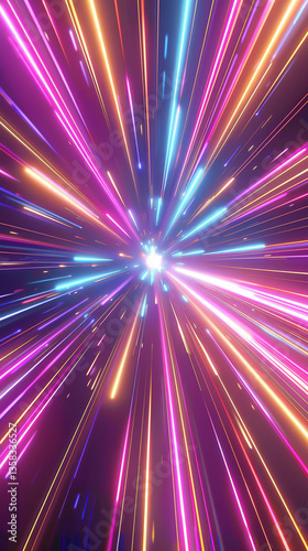 A stunning dynamic image showcasing a radiant explosion of colorful light, with vivid beams and glowing particles. Perfect for futuristic designs, digital artwork, event backgrounds, and creative 